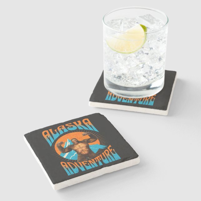 Retro Alaska Sasquatch Mountain Adventure Stone Coaster (Side)
