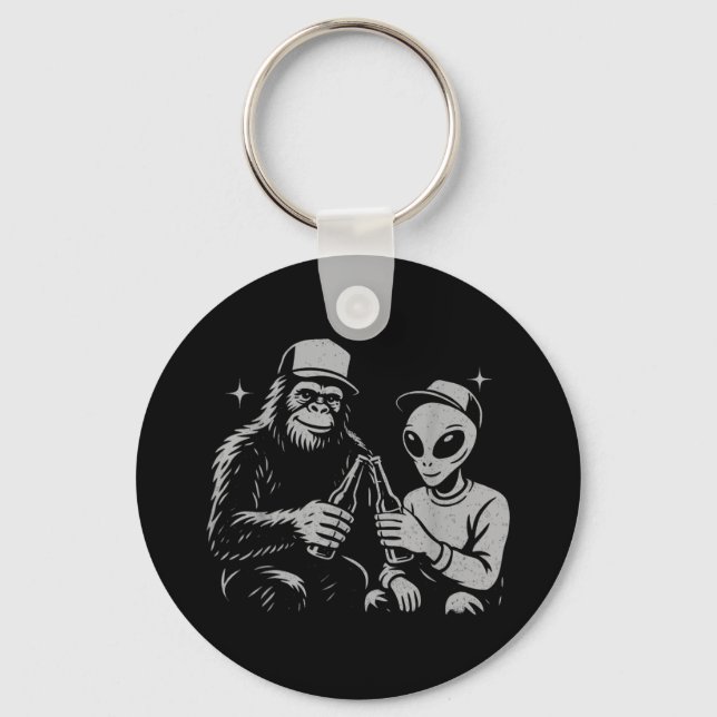 Retro Alien Bigfoot Cheers Funny Paranormal Drinki Key Ring (Front)