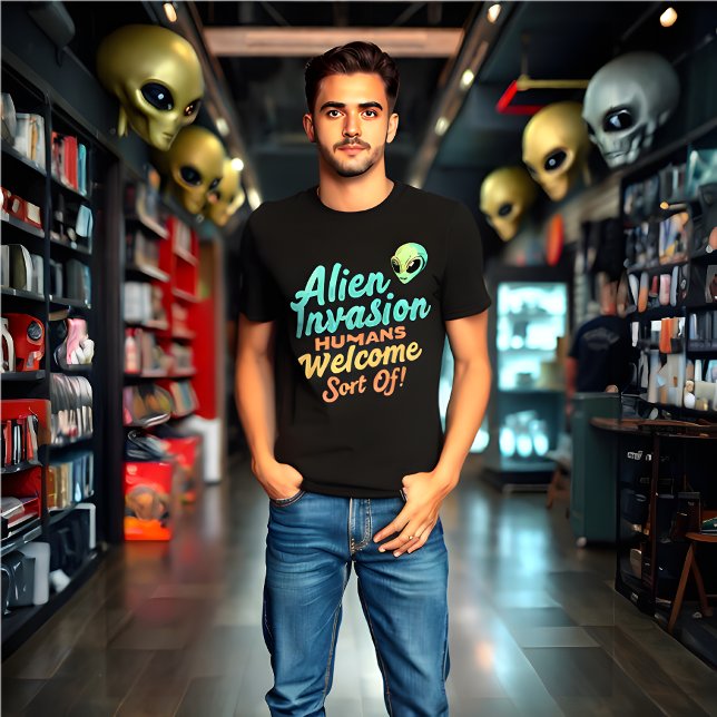 Retro "Alien Invasion – Humans Welcome… Sort of! T-Shirt (Funny Retro Alien Invasion Black T-Shirt)