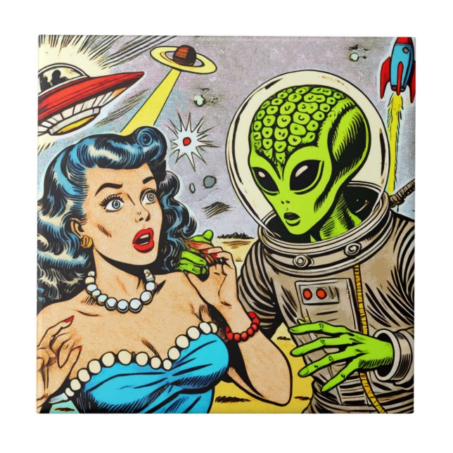 Retro Alien Science Fiction Comics Ceramic Tile (Front)