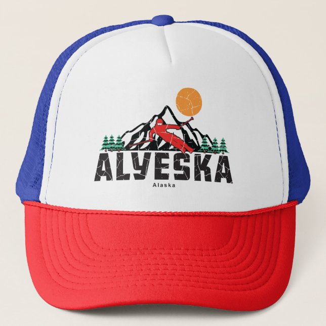 Retro Alyeska Ski Sunset Trucker Hat (Front)
