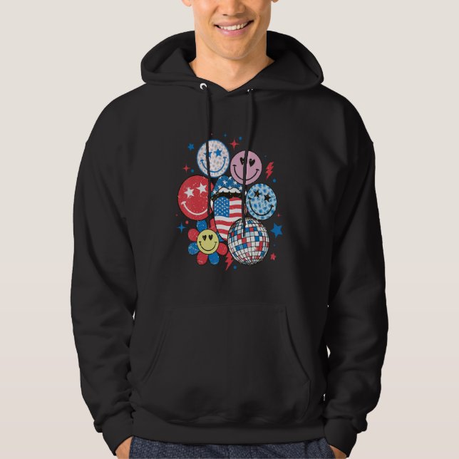 Retro America Happy Face American Flag 4th Of July Hoodie (Front)