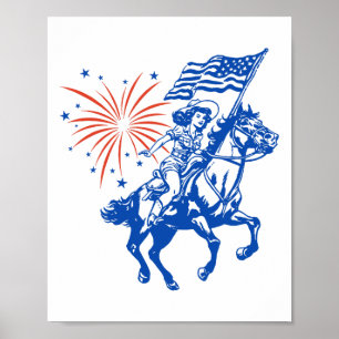 Retro American Cowgirl Horse 4th Of July Usa Flag  Poster