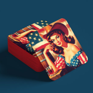 Retro American Cowgirl Pinup Square Paper Coaster