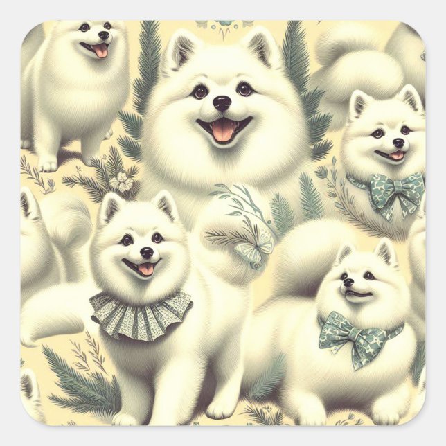 Retro American Eskimo Illustration Square Sticker (Front)