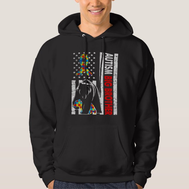Retro American Flag Autism Big Brother Bear Awaren Hoodie (Front)