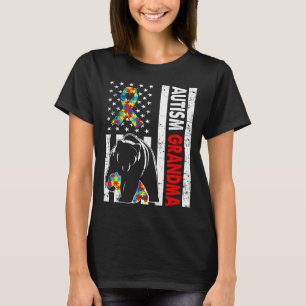 Retro American Flag Autism Grandma Bear Awareness  T-Shirt