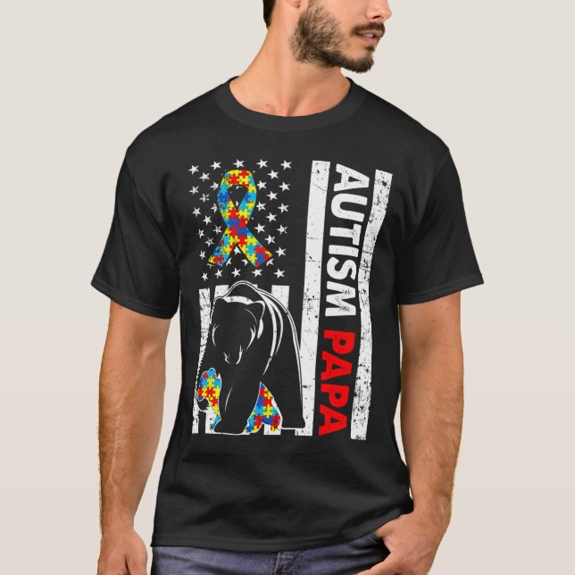 Retro American Flag Autism Papa Bear Awareness Fam T-Shirt (Front)