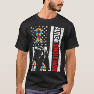 Retro American Flag Autism Single Mum Bear Awarene T-Shirt