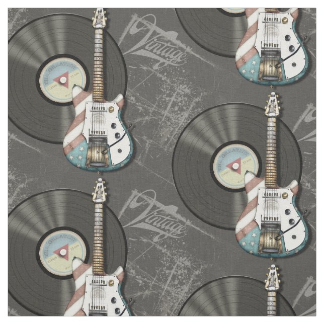 Retro American Flag Guitar And Vinyl Record Fabric (Swatch)