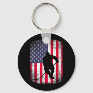 Retro American Flag Ice Hockey Sticks Player 4th Key Ring