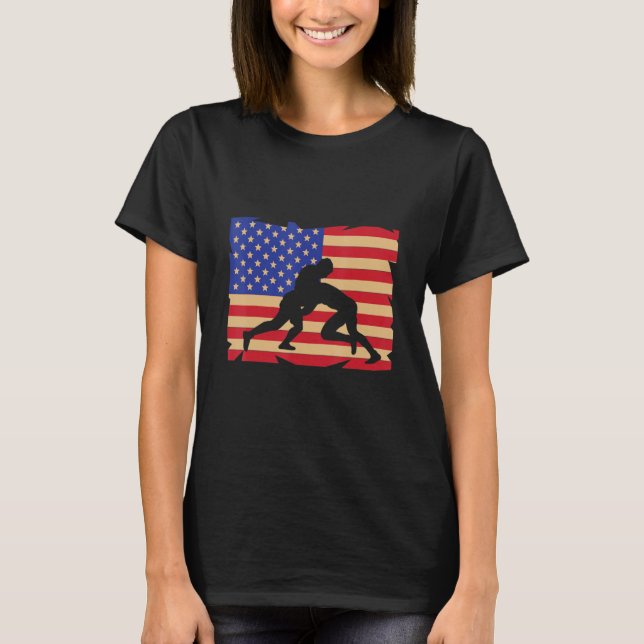 Retro American Flag Wrestling Wrestler Wrestling T-Shirt (Front)