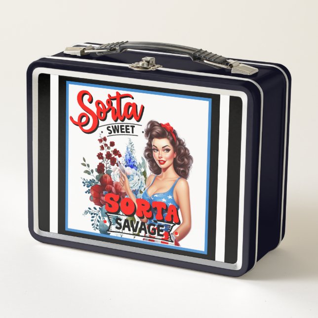 Retro American Pinup_  Sorta Sweet Sorta Savage Metal Lunch Box (Front)