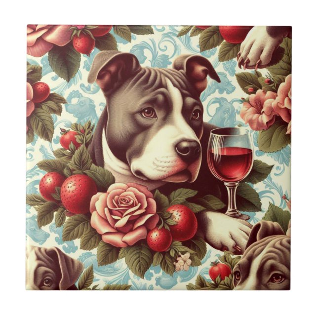 Retro American Pit Bull Terrier Illustration Ceramic Tile (Front)