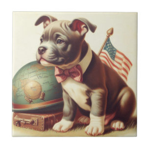 Retro American Pit Bull Terrier Painting Ceramic Tile