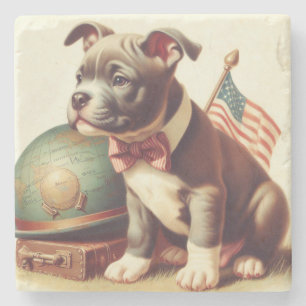 Retro American Pit Bull Terrier Painting Stone Coaster