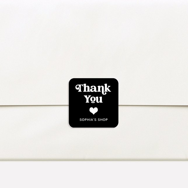 Retro and Boho | Black Branding Thank You Square Sticker (A retro and boho small business thank you sticker with a heart)