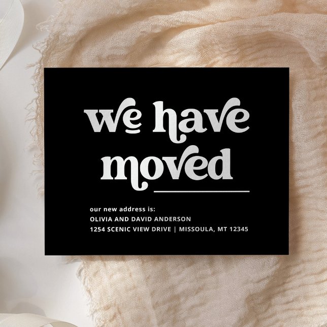 Retro and Boho | Black Moving Announcement Postcard (A stylish, boho and retro moving announcement postcard)