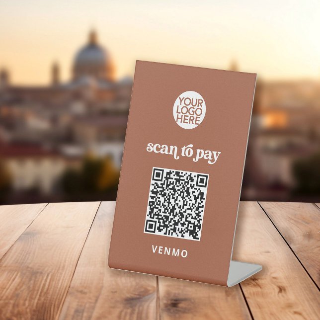 Retro and Boho | Contactless Scan to Pay QR Code Pedestal Sign (A retro and boho pedestal sign with a scannable QR code for payment)