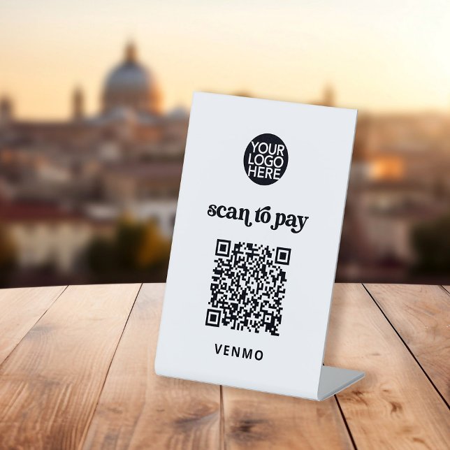 Retro and Boho | Contactless Scan to Pay QR Code Pedestal Sign (A retro and boho pedestal sign with a scannable QR code for payment)