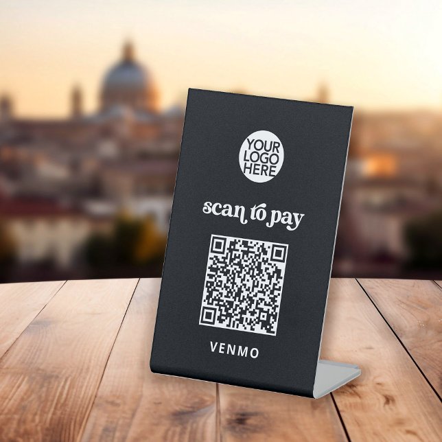 Retro and Boho | Contactless Scan to Pay QR Code Pedestal Sign (A retro and boho pedestal sign with a scannable QR code for payment)