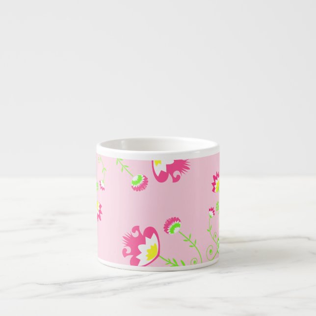 Retro and trendy folk flower in pink espresso cup (Front)