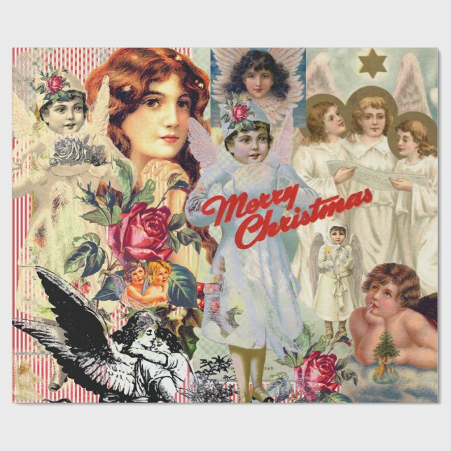 RETRO ANGEL CHRISTMAS COLLAGE Wrapping Paper (Flat)