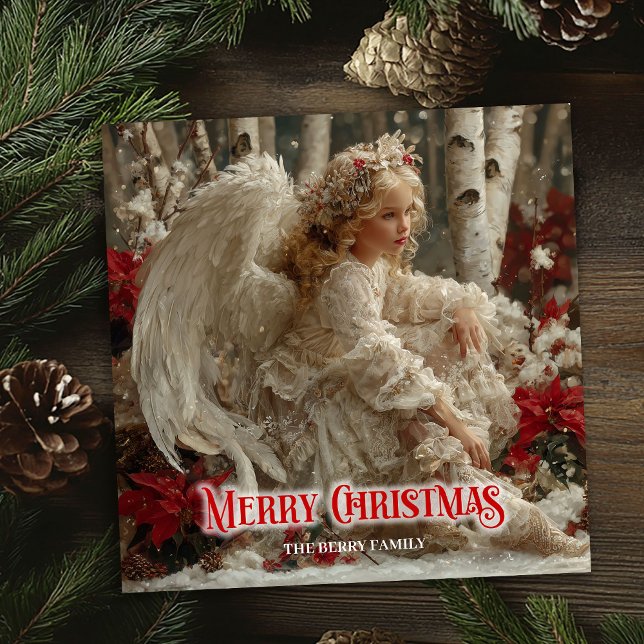 Retro angelic angel red gold festive enchanting  holiday card (Retro angelic angel red gold festive enchanting card)