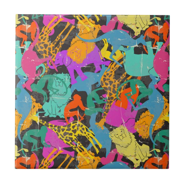Retro Animal Silhouettes Pattern Ceramic Tile (Front)
