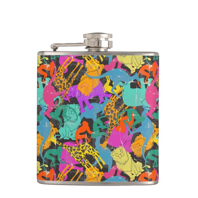 Retro Animal Silhouettes Pattern Hip Flask (Front)