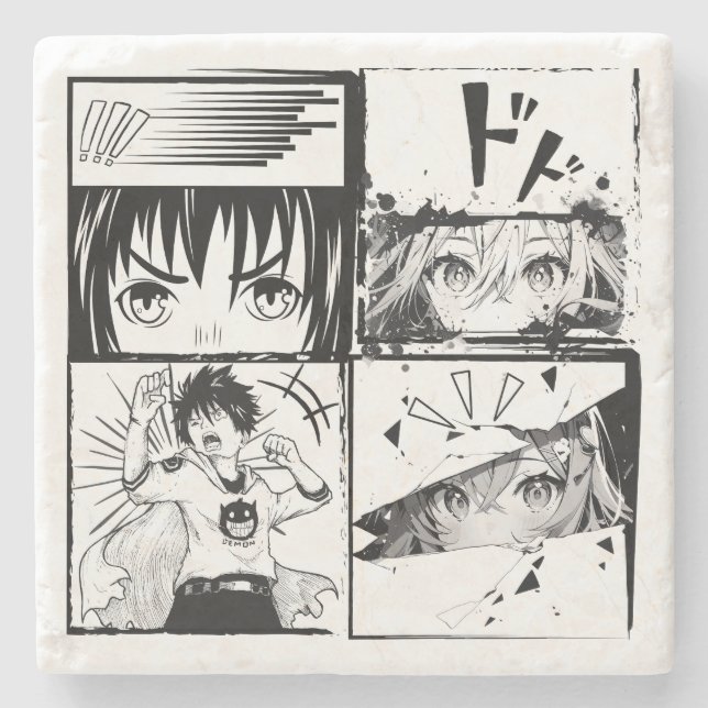 Retro Anime actions grids Stone Coaster (Front)