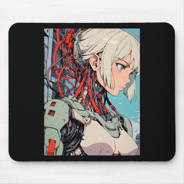 Retro Anime Cybernetic Android Girl Futuristic Sci Mouse Pad (Front)