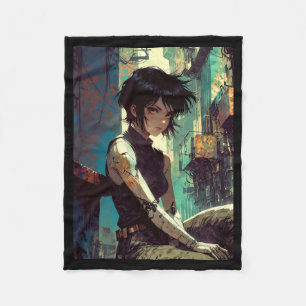 Retro Anime Cyberpunk Girl Dystopian Future Warrio Fleece Blanket