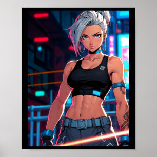Retro Anime Cyberpunk Girl Neon Street Fighter Sti Poster
