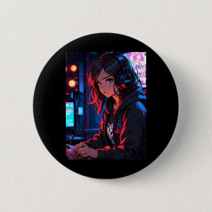 Retro Anime Girl Gamer Cyberpunk Streaming Setup S 6 Cm Round Badge