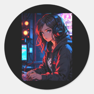 Retro Anime Girl Gamer Cyberpunk Streaming Setup S Classic Round Sticker