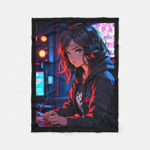 Retro Anime Girl Gamer Cyberpunk Streaming Setup S Fleece Blanket