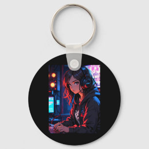 Retro Anime Girl Gamer Cyberpunk Streaming Setup S Key Ring