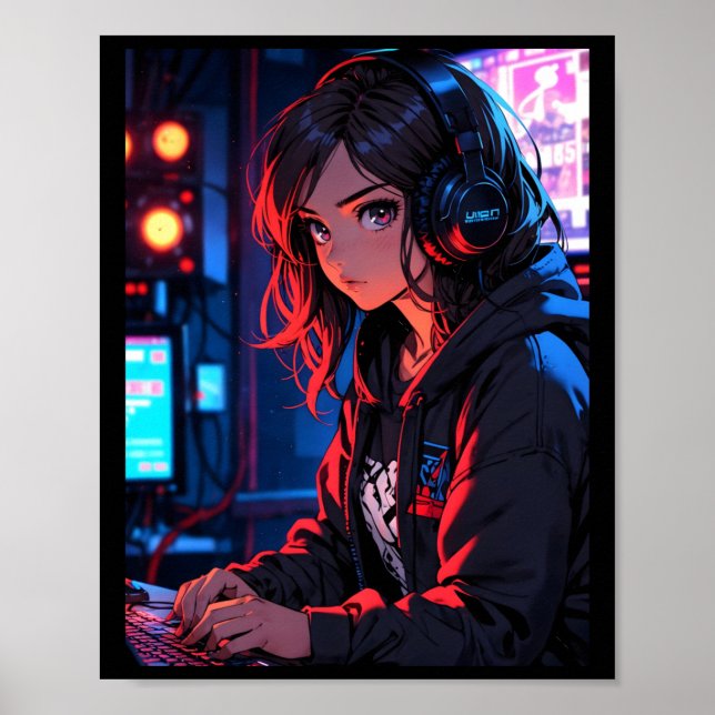 Retro Anime Girl Gamer Cyberpunk Streaming Setup S Poster (Front)