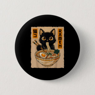Retro Anime Kawaii Black Cat Eating Ramen Noodles 6 Cm Round Badge