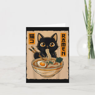 Retro Anime Kawaii Black Cat Eating Ramen Noodles  Card