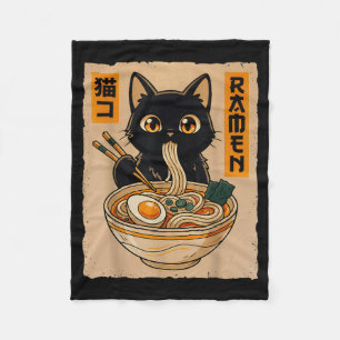 Retro Anime Kawaii Black Cat Eating Ramen Noodles  Fleece Blanket
