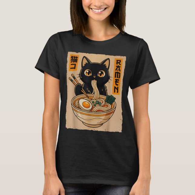 Retro Anime Kawaii Black Cat Eating Ramen Noodles  T-Shirt (Front)