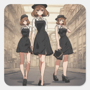 Retro Anime Little Black Dress Art Decal - Limited Square Sticker