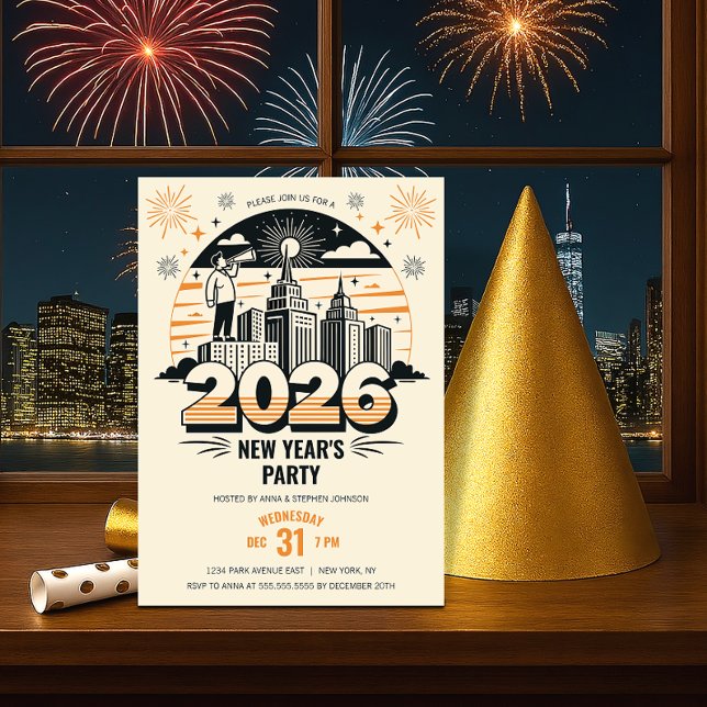 Retro Announcing Arrival of 2026 New Year's Party Invitation (Retro New Year's party invitation front view.)