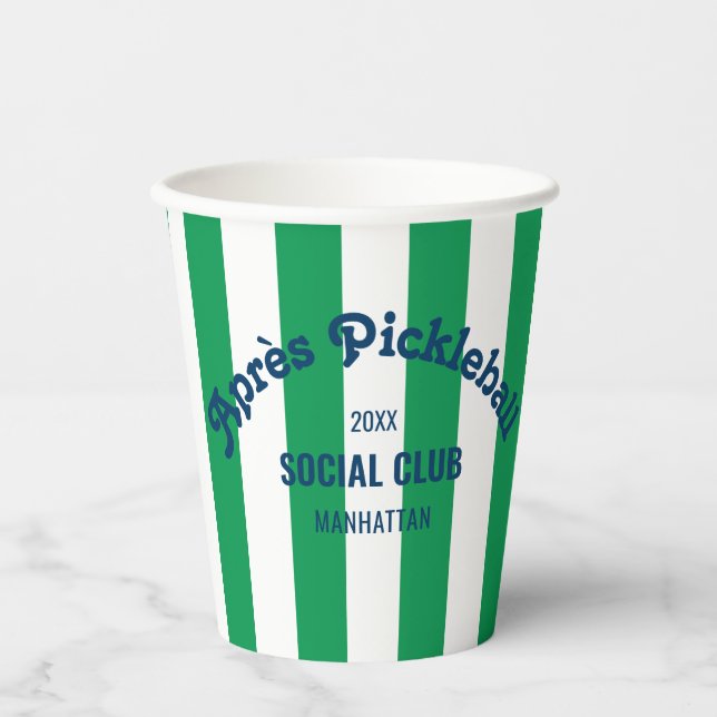Retro Après Pickle Ball Social Club Green Stripe Paper Cups (Front)