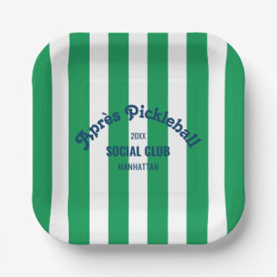 Retro Après Pickleball Social Club Green Stripe Paper Plate