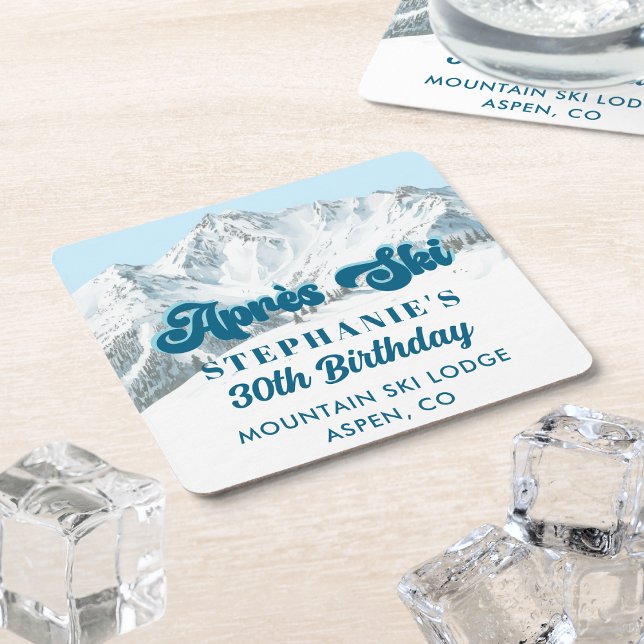 Retro Apres Ski Winter Mountain Birthday Party Square Paper Coaster (Creator Uploaded)