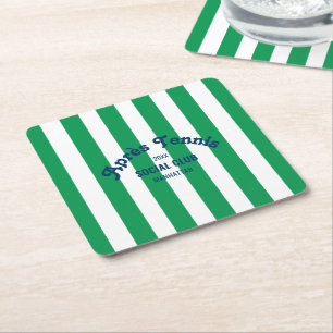Retro Après Tennis Social Club Green Stripe Square Paper Coaster