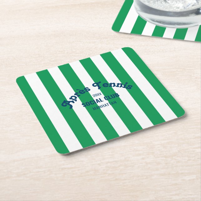 Retro Après Tennis Social Club Green Stripe  Square Paper Coaster (Angled)